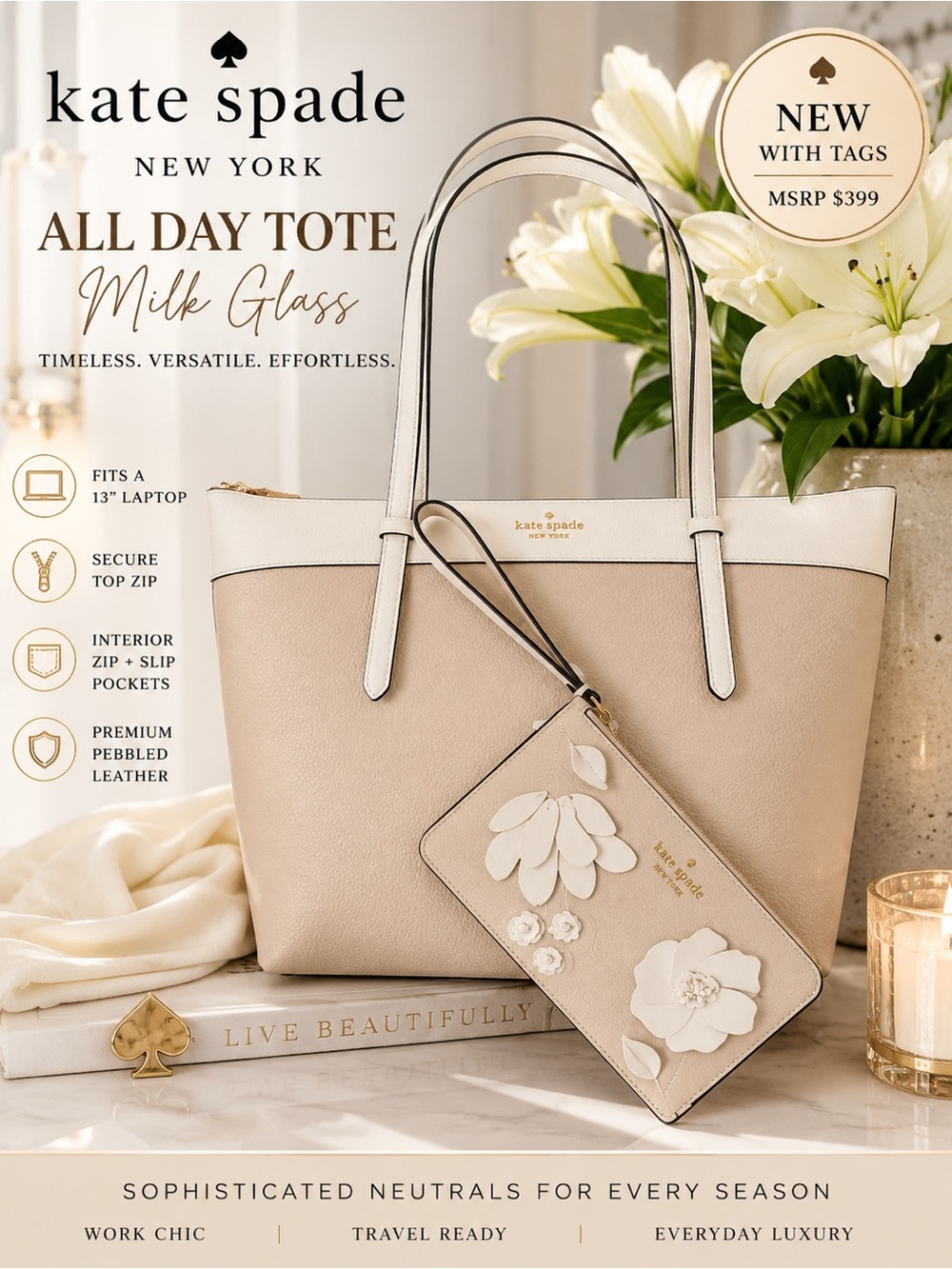 kate spade NEW All Day Tote in Milk Glass | Leather with Color Block MSRP $399 - Picture 13 of 16